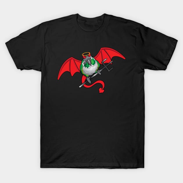 Green cheek Conure Red Devil Horns Holding Up Halo T-Shirt by TheStuffInBetween